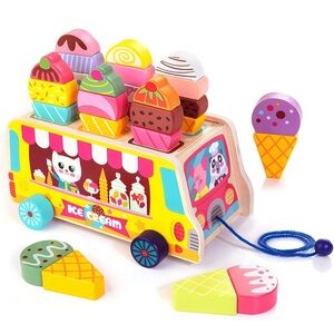 Colorful Wooden Ice Cream Truck Pull Toy with Magnetic Ice Cream blocks